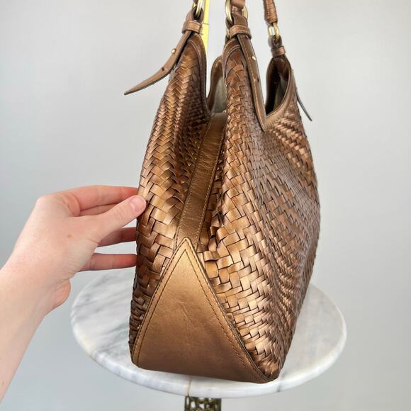 Cole Haan Genevieve Weave Brown Metallic Gold Leather Large Shoulder Bag - Picture 16 of 16